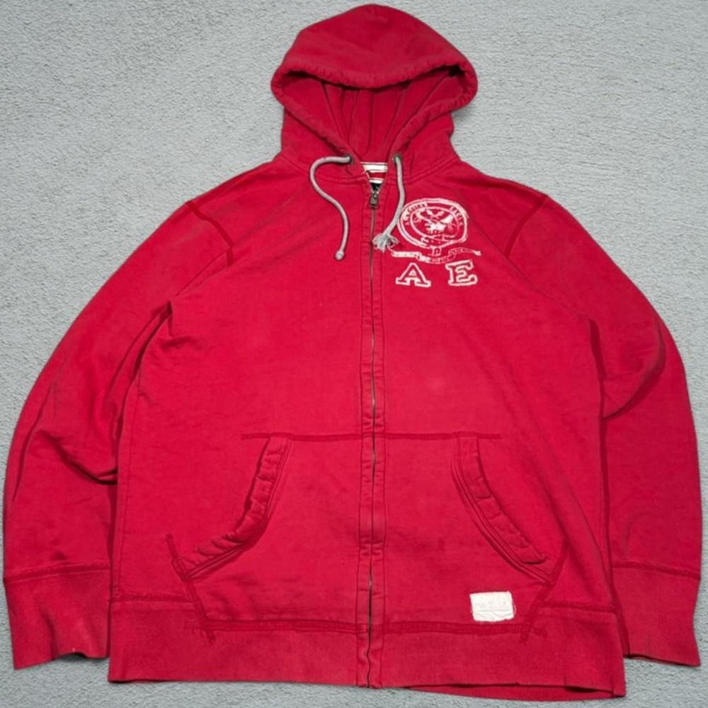 American Eagle Mens Red Zip Up Hoodie White Embroidered Logo Skater Y2K Large